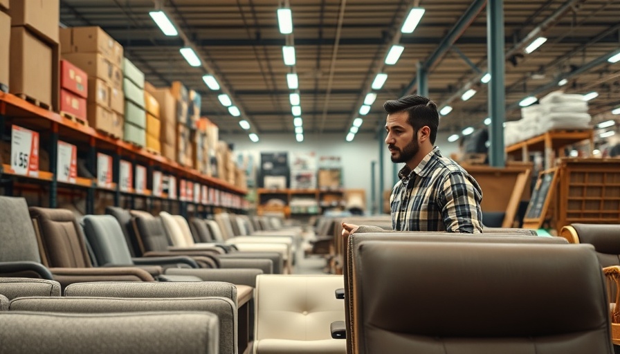 Customer examines furniture in store amid tariffs, affecting small businesses.