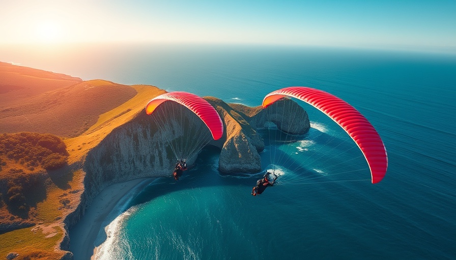 Paragliding at Mussel Rock Park with red parachutes over cliffs.