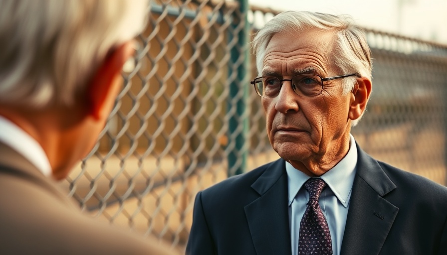 Older man in a navy suit with a thoughtful expression outdoors.