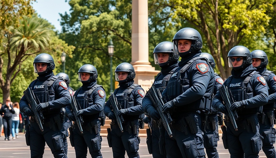 Law enforcement officers in tactical gear at a public park with a tall monument.