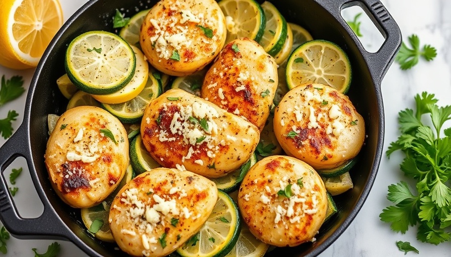 Lemon Chicken Zucchini Parmesan Skillet with fresh herbs and cheese.