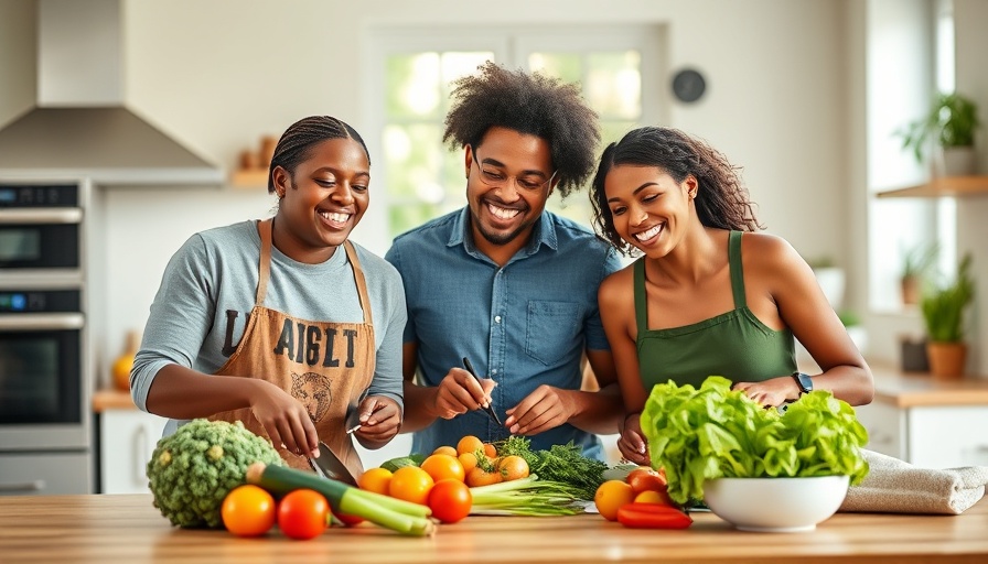 Multicultural family preparing healthy meal in bright kitchen.