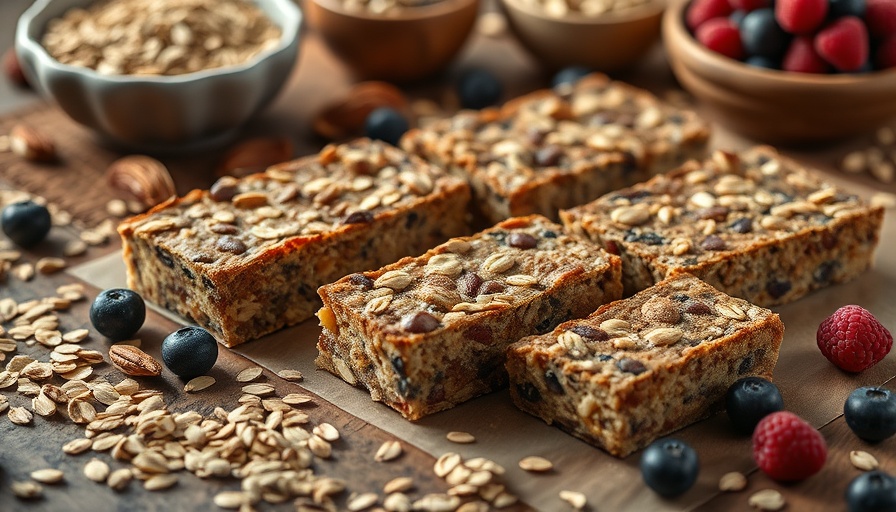 Delicious homemade healthy make-ahead breakfast bars on rustic table.