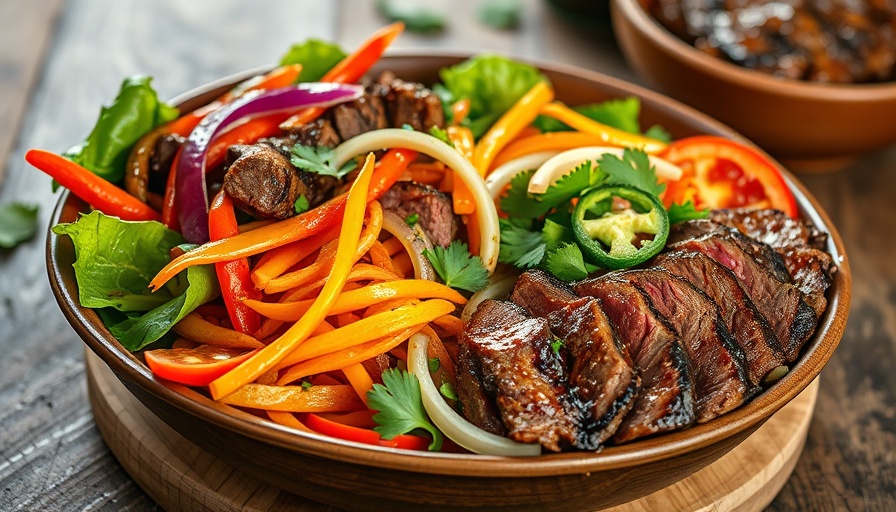 Vibrant steak fajita bowls on rustic table.