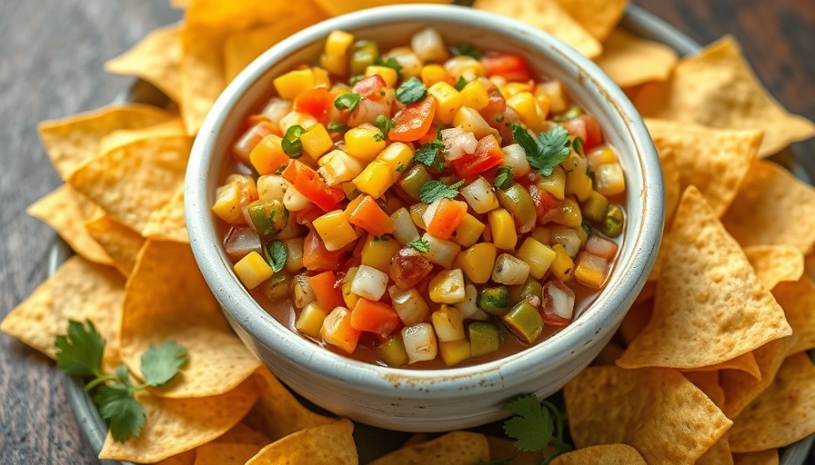 Vibrant corn salsa in a bowl surrounded by tortilla chips.
