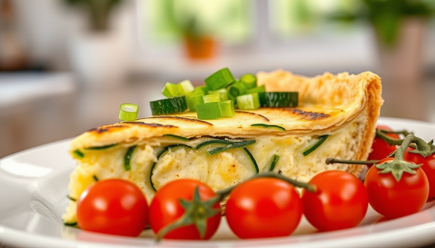 Delicious crustless zucchini pie recipe slice garnished with green onions.