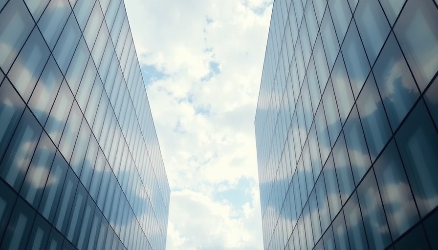 Automated ventilation in modern glass building reflecting sky.