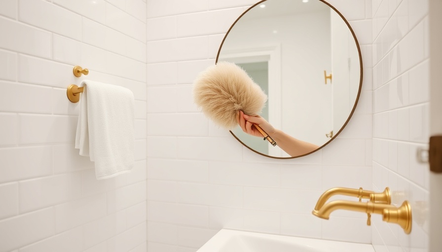 Hand dusting a stylish bathroom mirror highlighting household chores for emotional health.