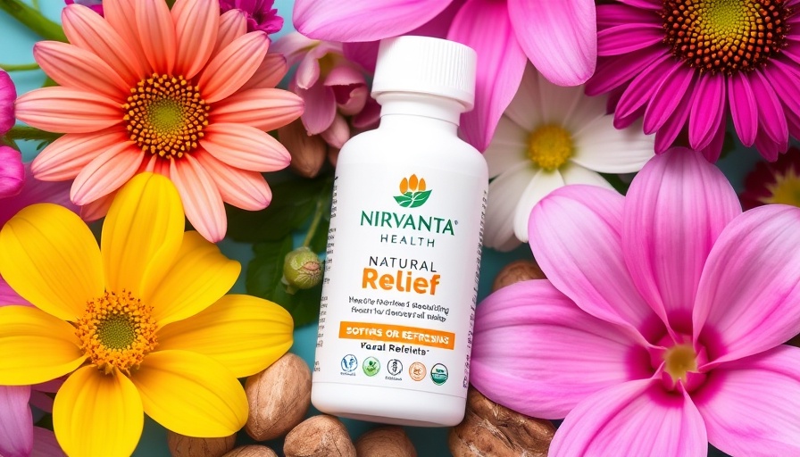 Nirvanta Health Natural Relief bottle with flowers and nuts.