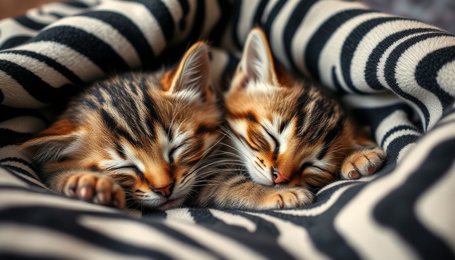 Adorable kitten peacefully napping on zebra print blanket.