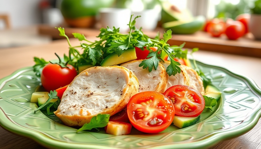Tomato cucumber avocado salad with chicken breast on ceramic plate.