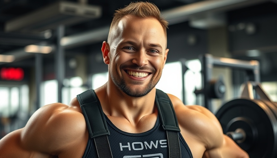 Muscular man in gym wearing 'Strongest Man on Earth' shirt, smiling.