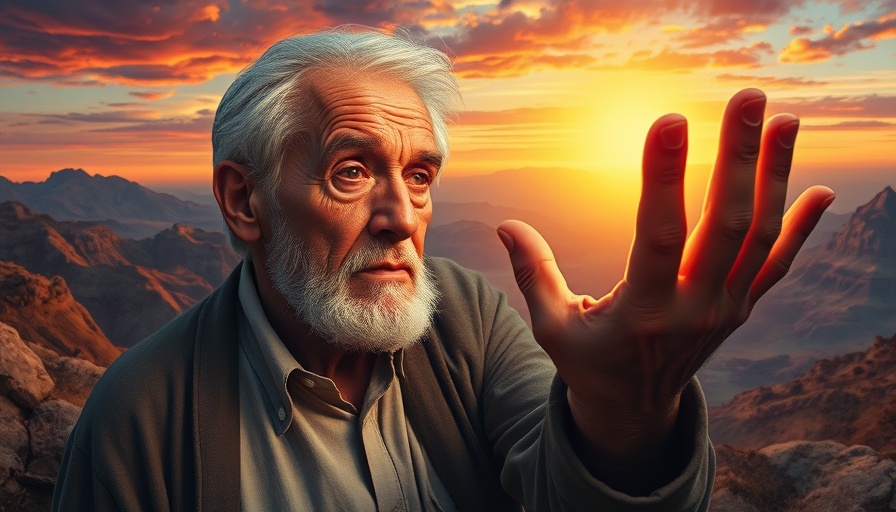 Elderly man reaching for a glowing hand symbolizing vulnerability in mental health.