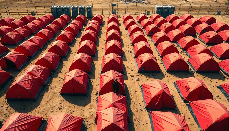 Aerial view of red tent encampment under bright sunlight.