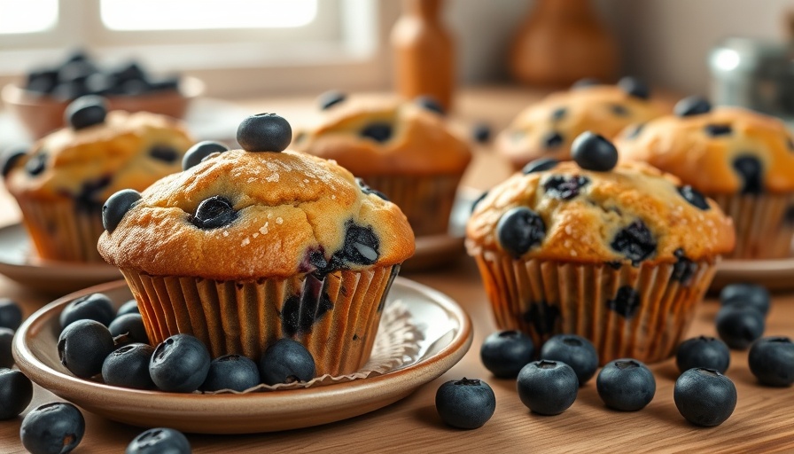 Freshly baked Healthier Blueberry Greek Yogurt Muffins on plates with blueberries.