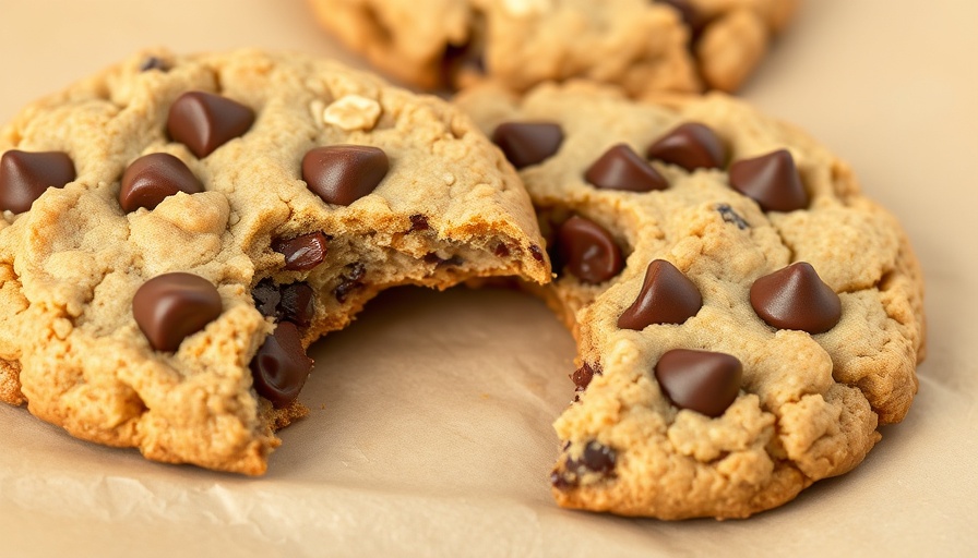 Close-up of flourless peanut butter oatmeal chocolate chip cookies with one bitten cookie.
