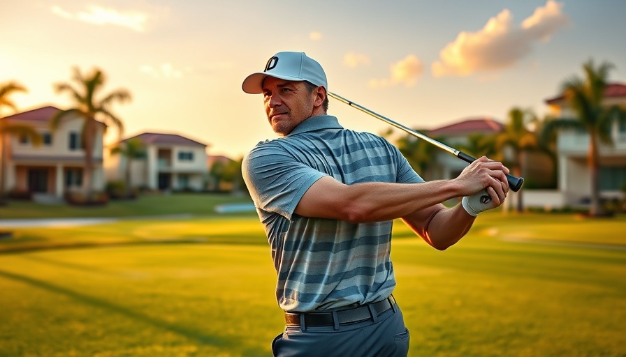 Buying a home on a golf course: golfer swings in front of luxury houses.