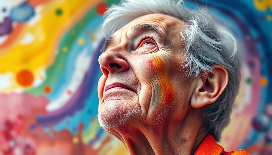 Artistic portrait of older person embracing identity, rainbow colors.