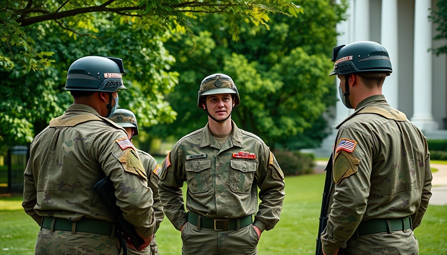 National Guard soldiers stand vigilantly near a government building.