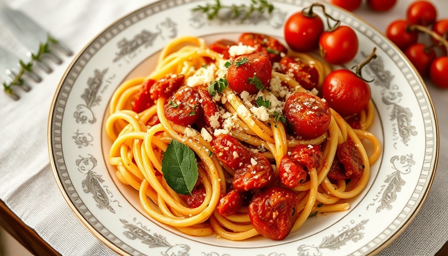 Pasta with roasted cherry tomato sauce and herbs.