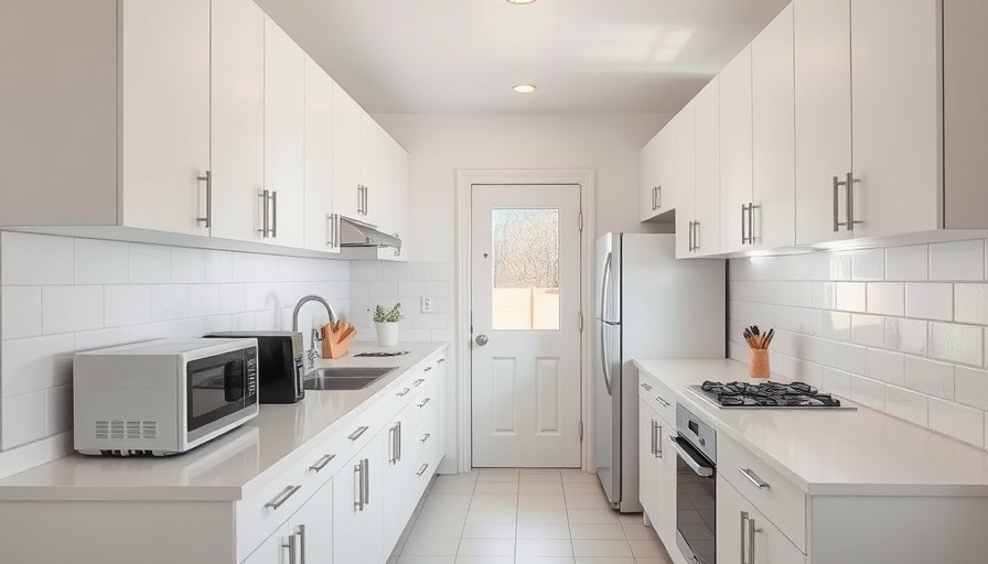 Narrow kitchen before renovation with white cabinets