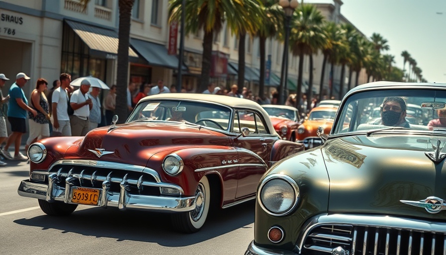 Classic cars parade in California, showcasing automotive culture.