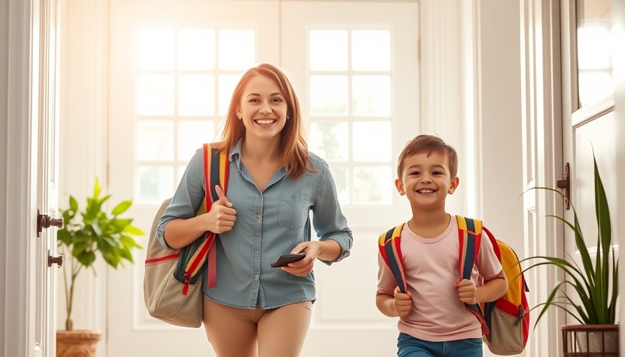 Mother helping children prepare for school in home entryway