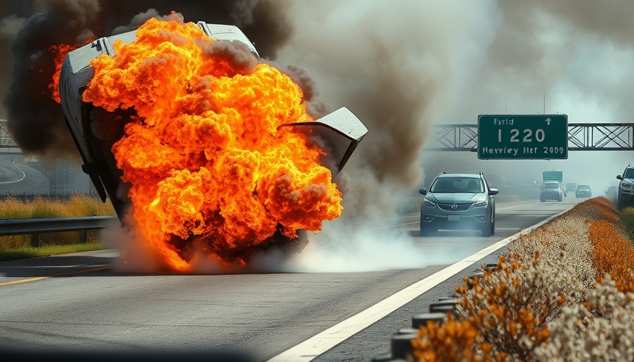 Car on fire on I-280 alongside burning brush, smoke rising.