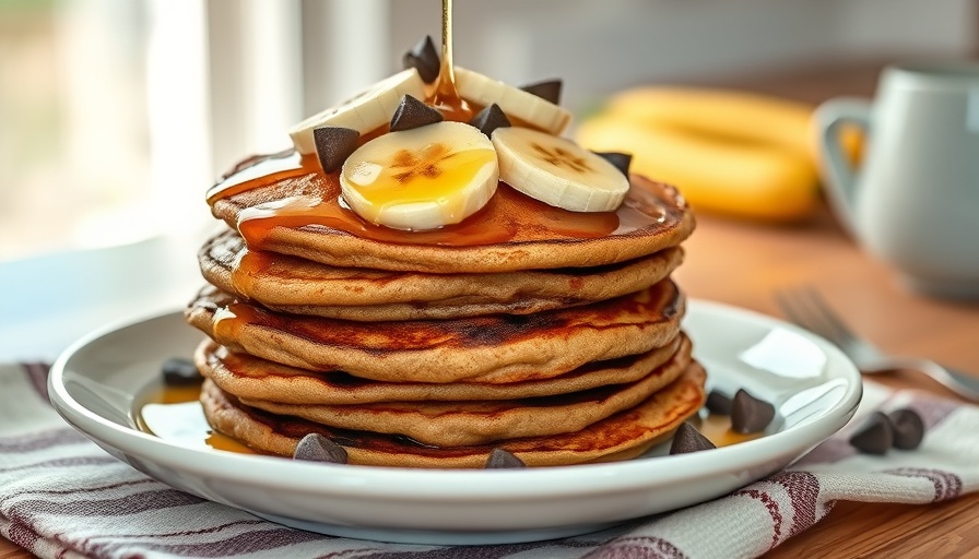 Whole wheat banana bread pancakes drizzled with syrup