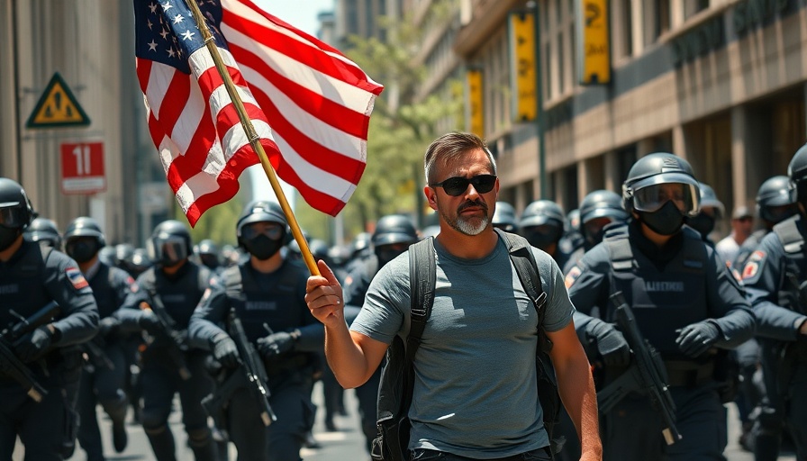 Protester with American flag near California National Guard troopers.