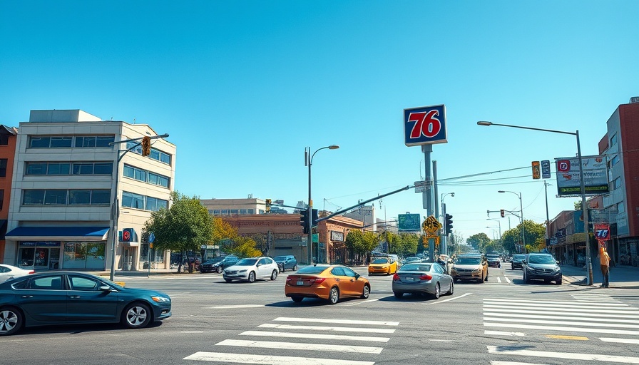 Bustling intersection near 76 gas station in Sherman Oaks, vibrant cityscape.