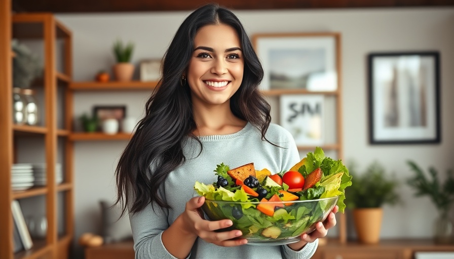Woman with dark hair holding a salad, smiling in a cozy home.