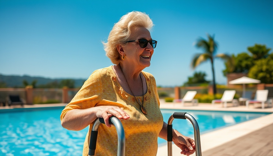 Woman enjoying poolside tranquility, wellness beyond mobility limits.
