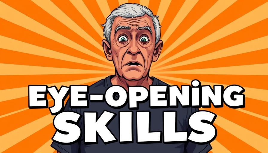 Elderly man displaying surprise with 'eye-opening skills' text in cartoon style, vibrant background.