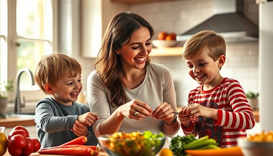Mindful eating for kids: Mother and children cooking together, promoting healthy habits.