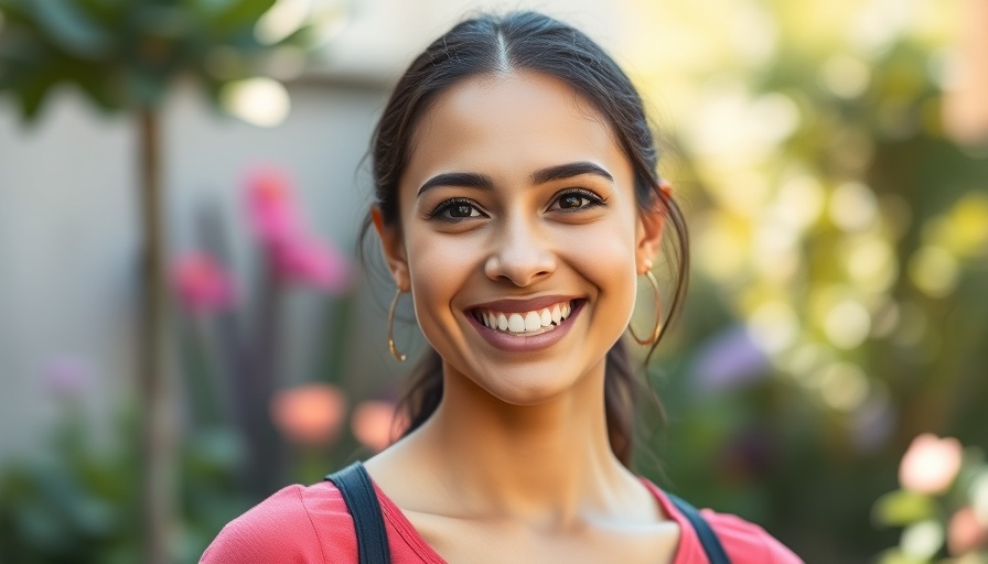 Smiling young woman promoting sustainable health strategies outdoors.