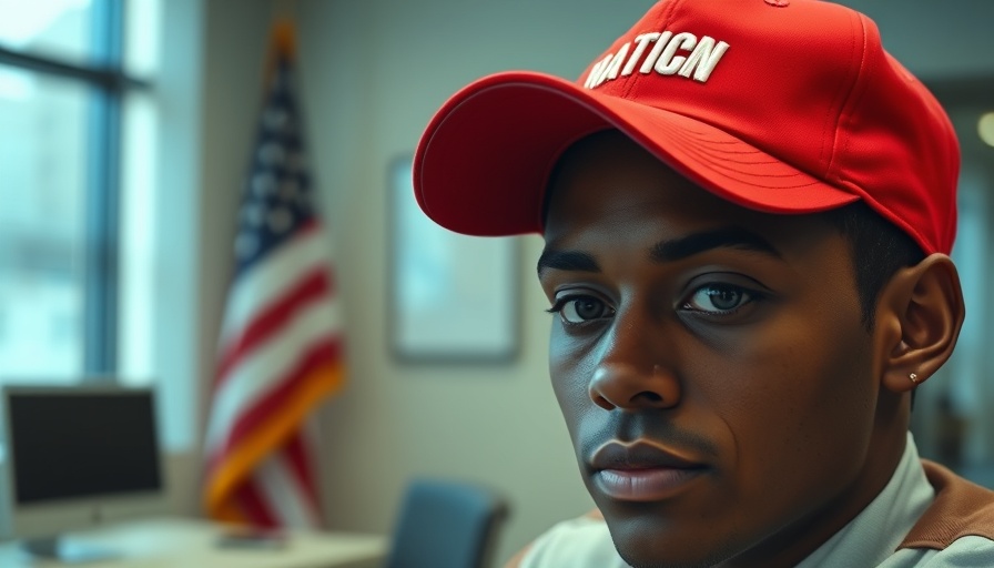 Close-up of person wearing a red cap with text, background blurred with a flag.