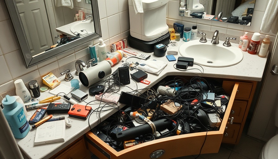 Cluttered bathroom organizing solutions displayed on a messy countertop.