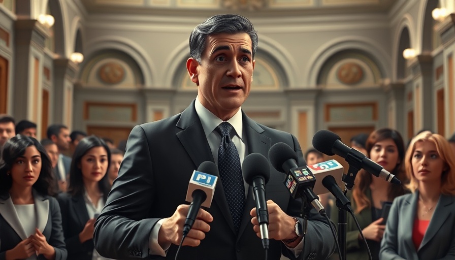 Animated politician mimicking public figure at press conference