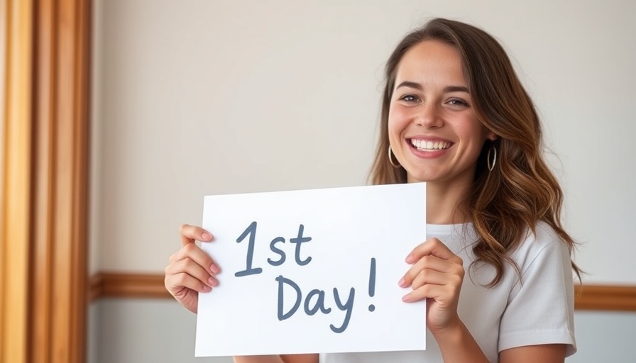 Smiling woman holding '1st Day' sign indoors, homeopathy internship experience.