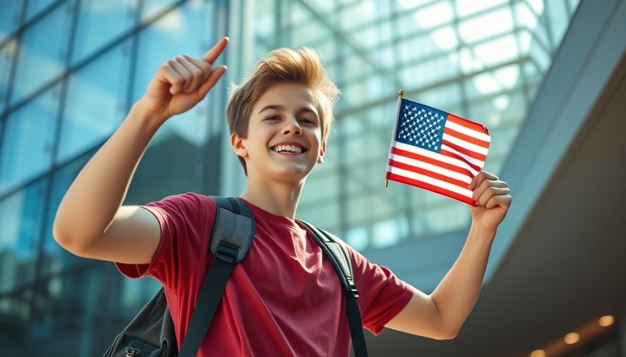 Person waving American flag in front of modern building.