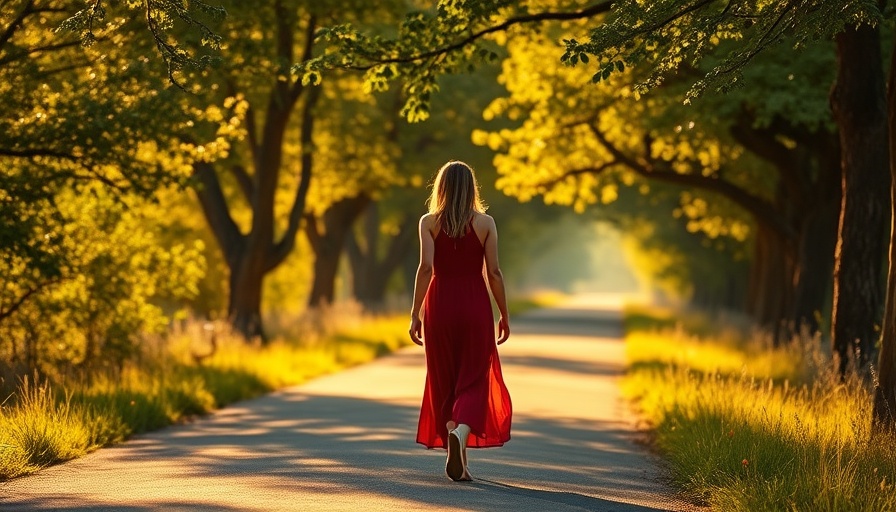 Woman walking on a sunlit road for health, morning serenity