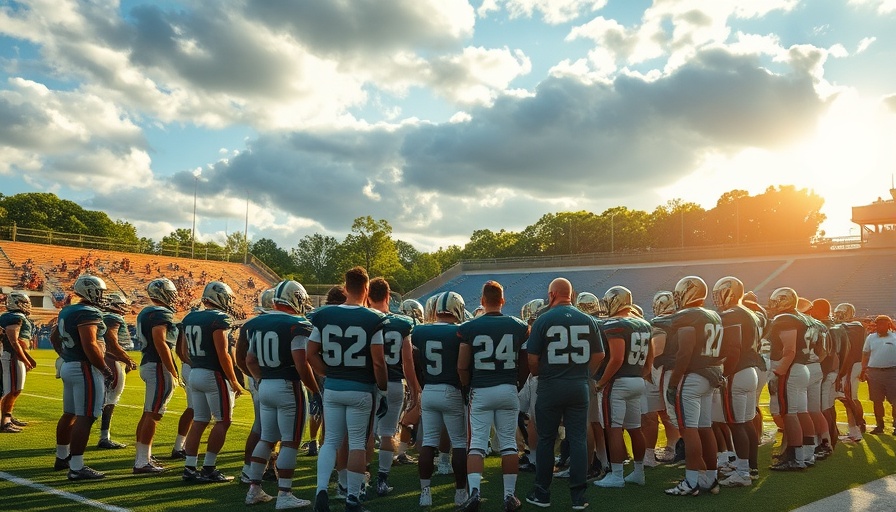 Edison football team gathers after comeback victory in sunny stadium.