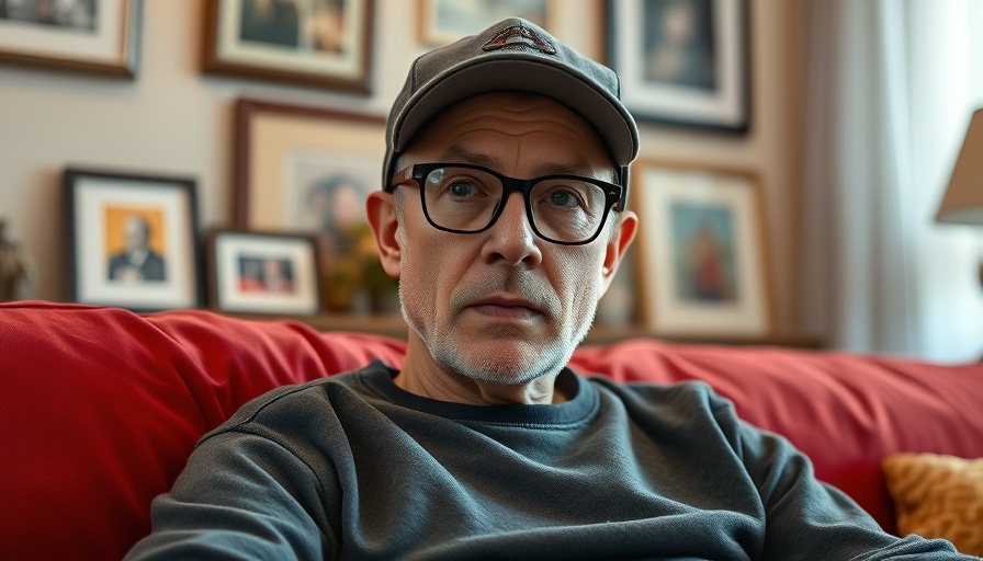 Middle-aged man's thoughtful expression, cozy room with frames.