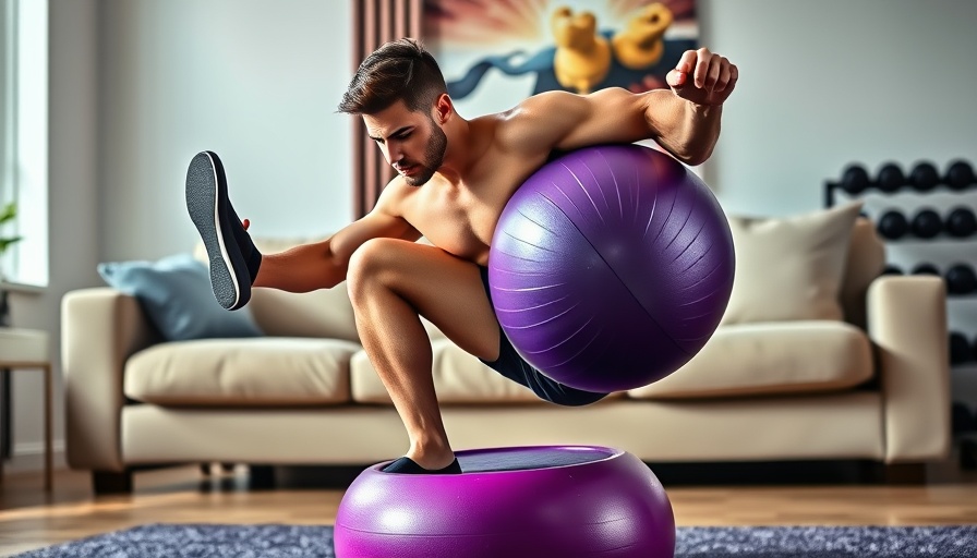 Young man doing a single-leg hip extension hamstring curl with a stability ball at home.