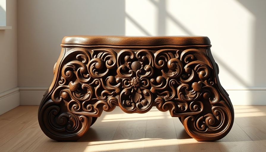 Intricately carved wooden stool showcasing detailed patterns, under soft light.