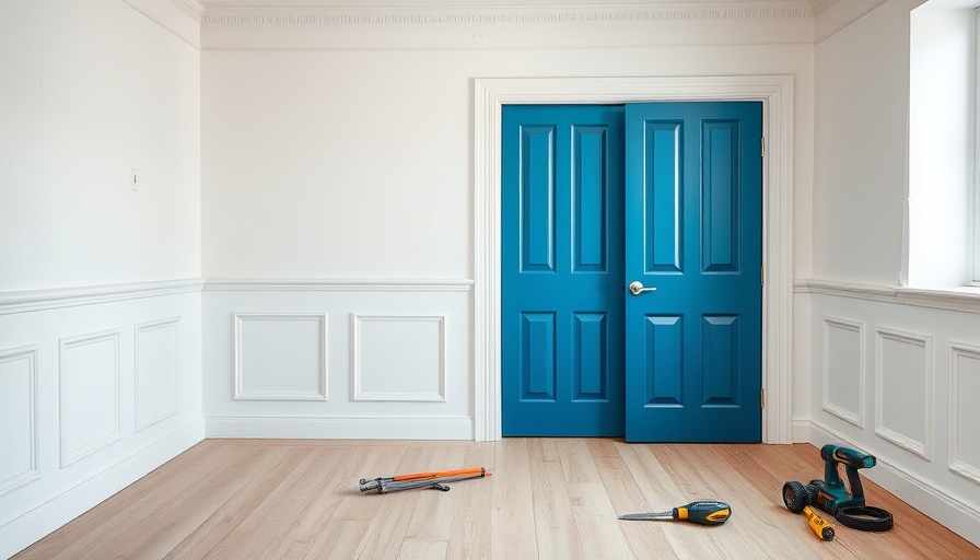 Bedroom foyer progress with blue door and renovation tools.
