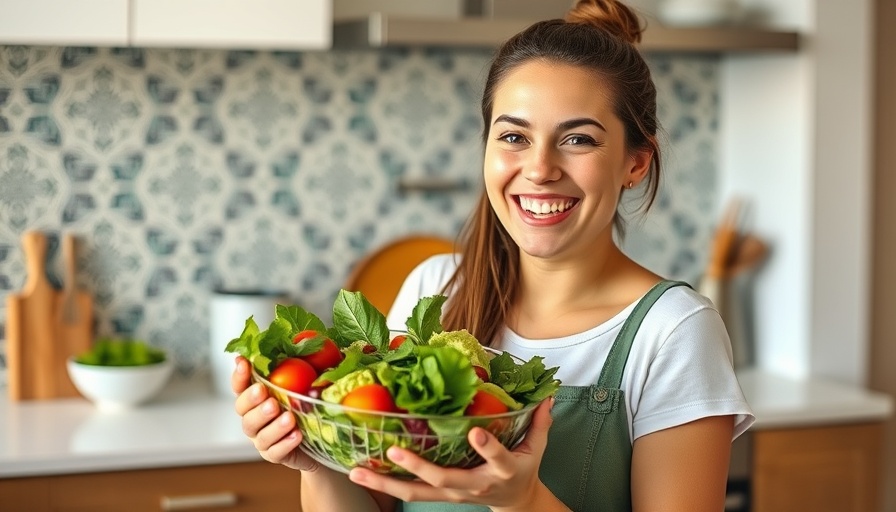 Smiling woman with salad bowl for gluten-free meal prep in kitchen
