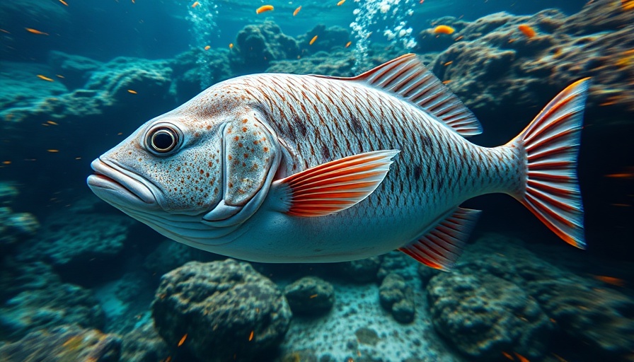Tautog fish swimming underwater near rocks in clear water.