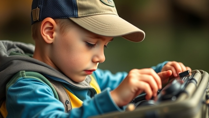 Young boy in a fishing cap examining his fishing tackle storage box.